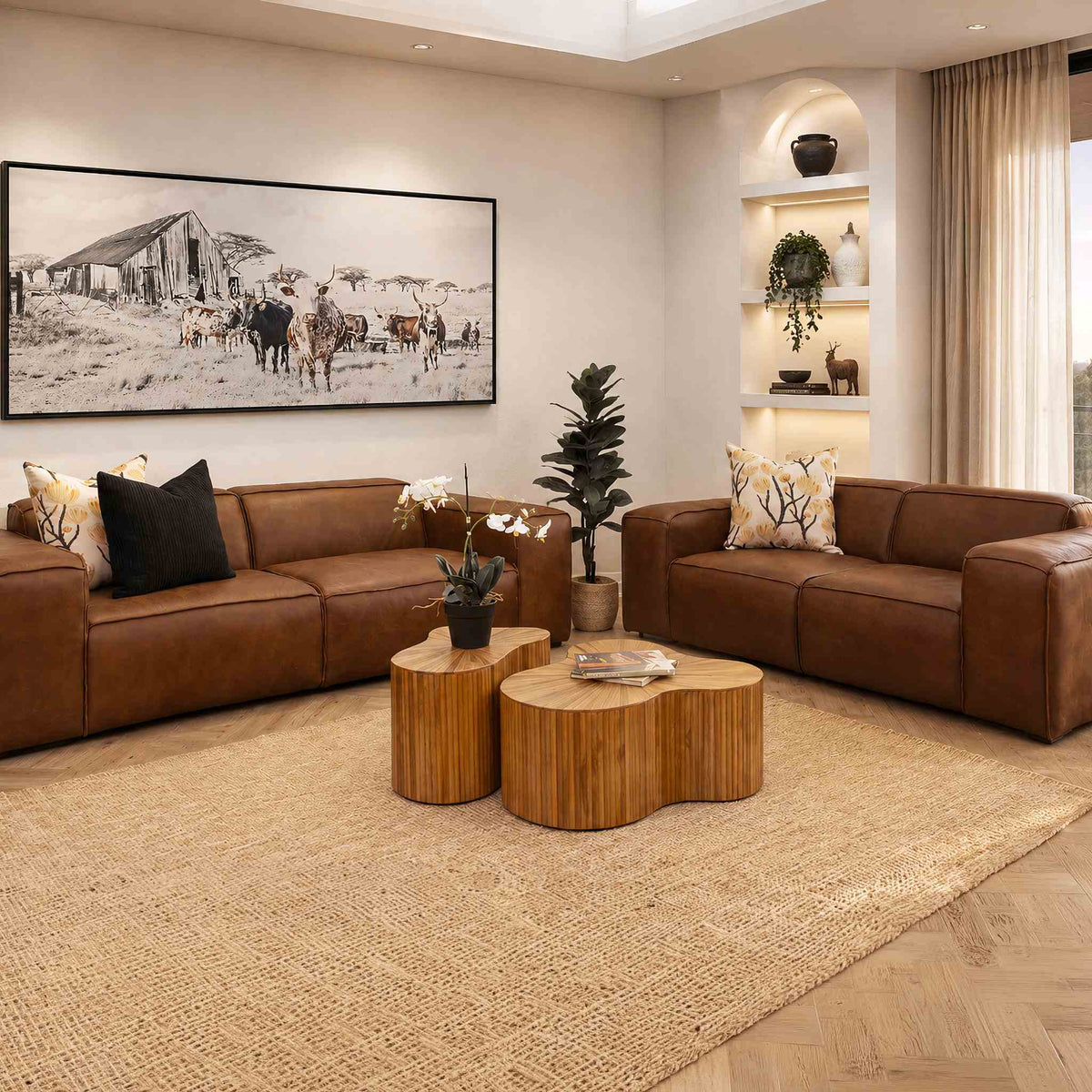 Leather Gallery Austin 3+2 Leather Suite in Woodlands Spice, styled in a contemporary living room with matching brown leather seating.