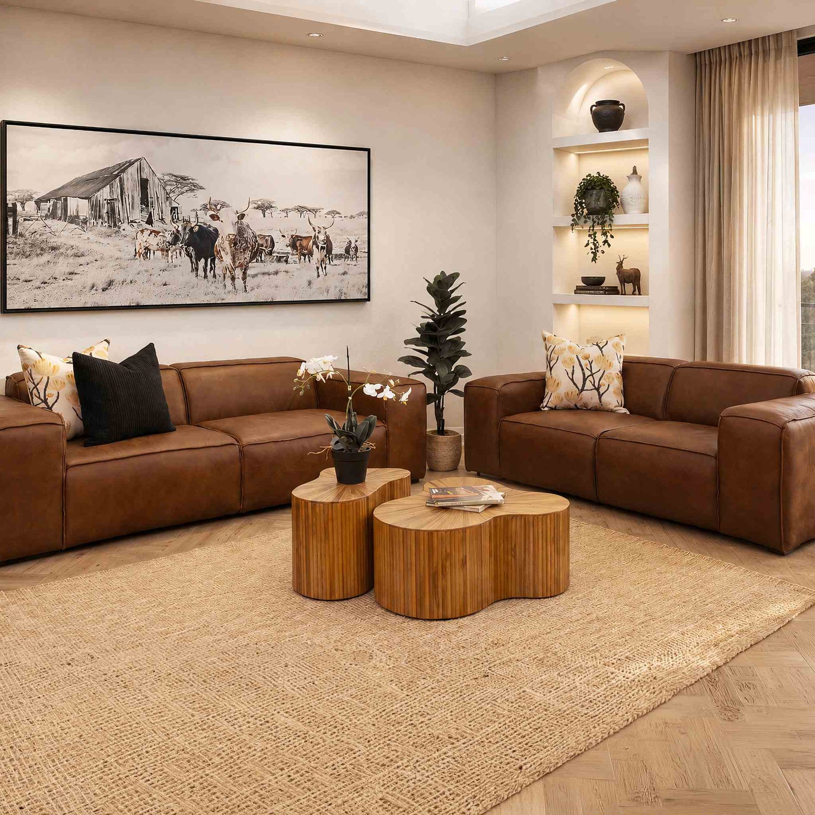 Leather Gallery Austin 3+2 Leather Suite in Woodlands Spice, styled in a contemporary living room with matching brown leather seating.