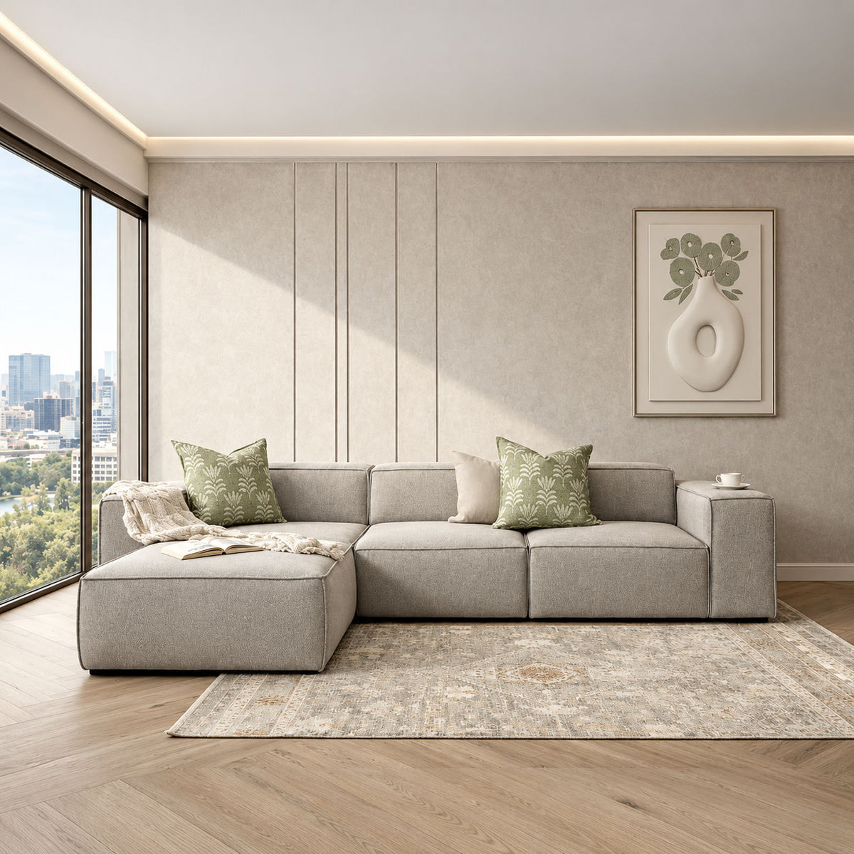 Leather Gallery Austin Fabric Sofa Chaise Sectional in Bordeaux Grey, styled with decorative cushions in a modern living room.