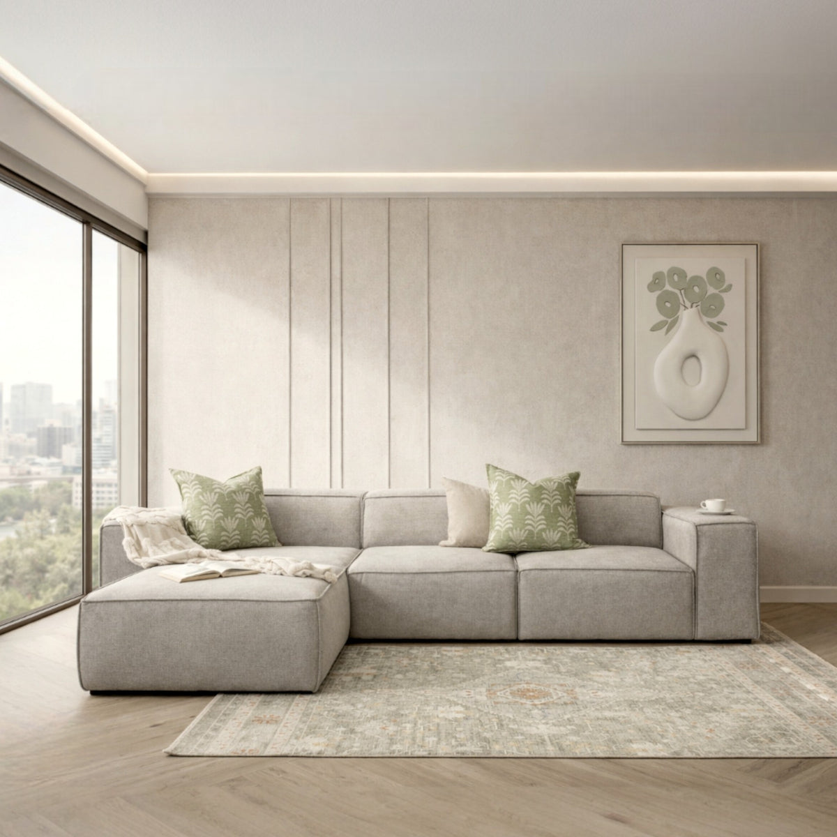 Leather Gallery Austin Fabric Sofa Chaise Sectional in Bordeaux Grey, styled with decorative cushions in a modern living room.