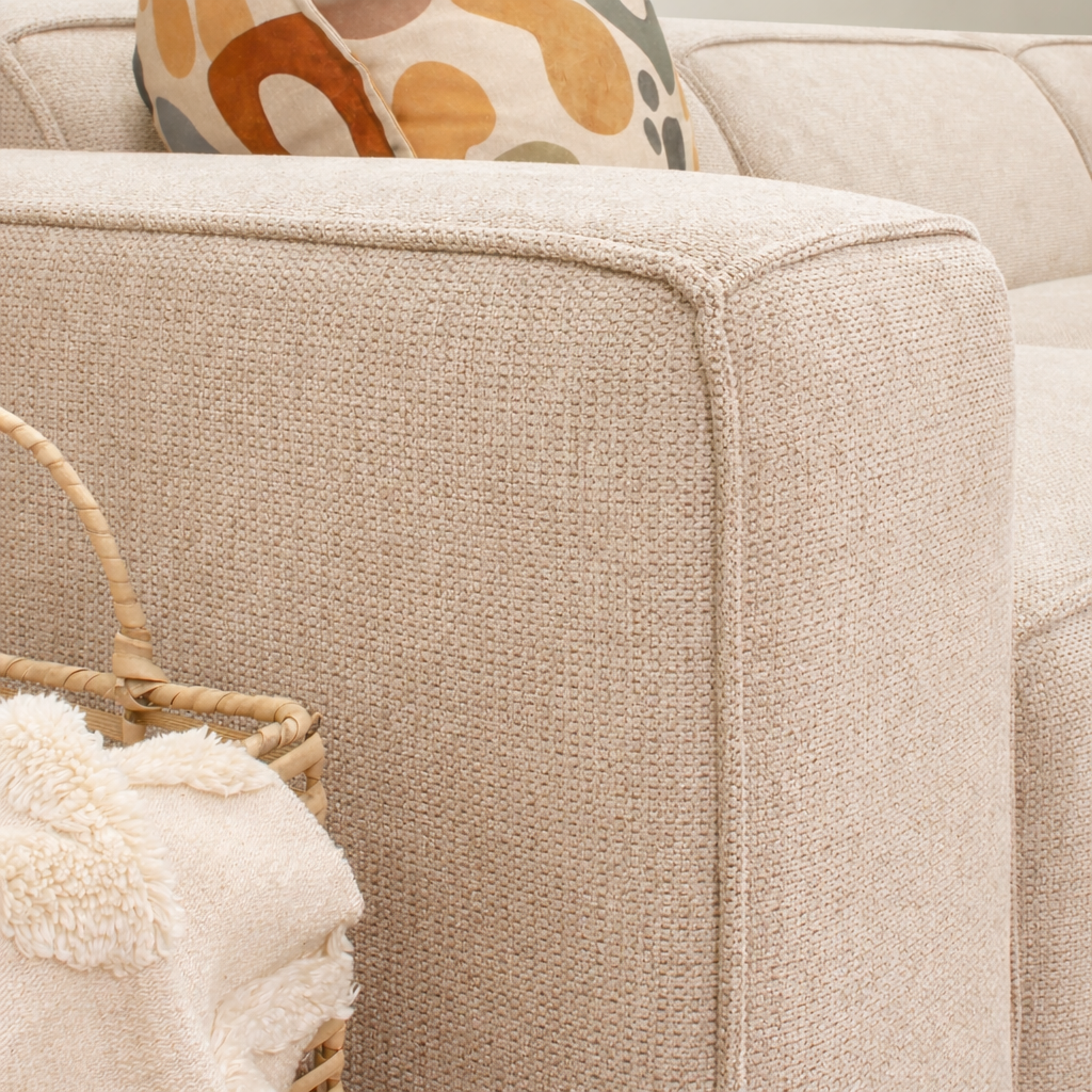 Austin Fabric Sectional Belle Beige close up of armrest. | Leather Gallery Corner couches, fabric corner couch, l shaped couch south africa, luxury couches 