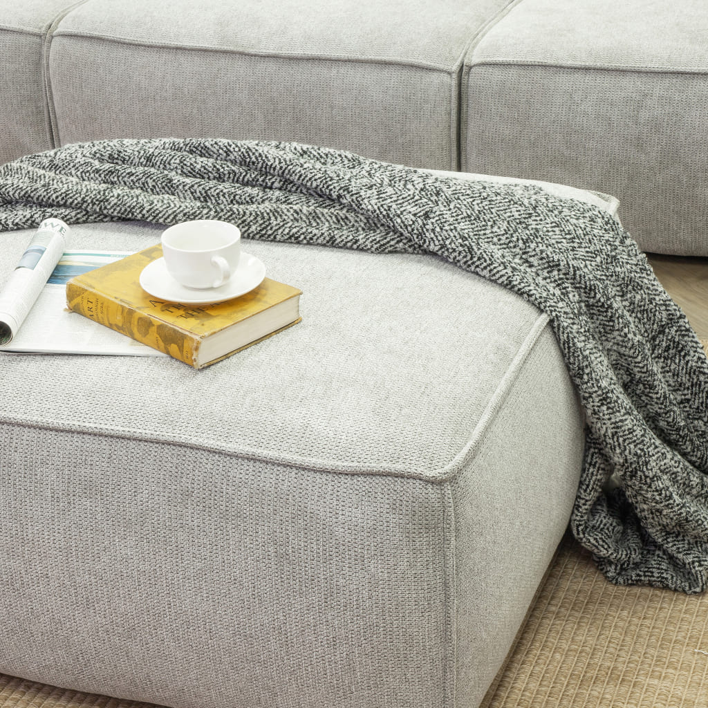 Close up showing Austin Fabric Ottoman in Bordeaux Grey with French Seam stitching. | Ottomans, fabric ottoman, sectional couches, modular sectional couch