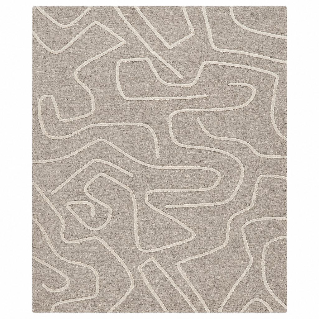 Leather Gallery Avenza Rug in Almond Taupe, featuring a maze-like organic pattern in light beige over a taupe-grey background.