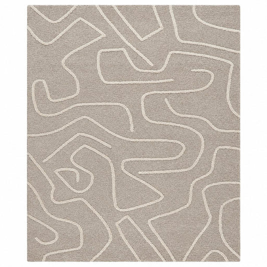 Leather Gallery Avenza Rug in Almond Taupe, featuring a maze-like organic pattern in light beige over a taupe-grey background.