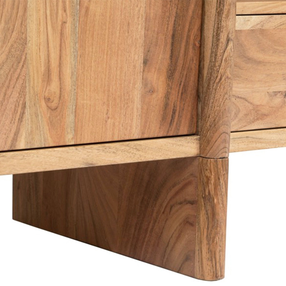 Macro shot of the sturdy plinth base and joinery of the expertly crafted Baltic acacia wood TV cabinet.