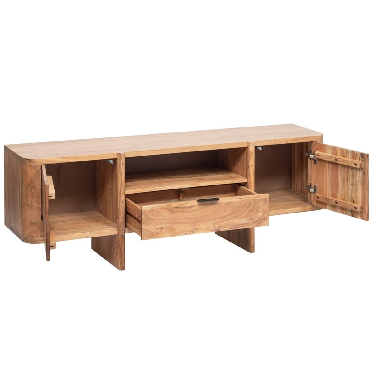 Light wood Baltic media console with open doors and a central drawer revealing storage compartments.
