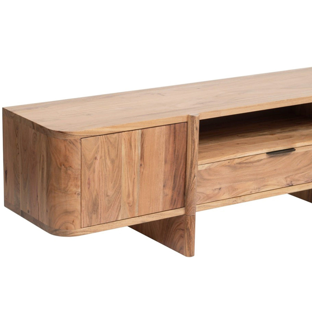 Close-up of a modern solid wood TV stand showing curved edges and natural wood grain.