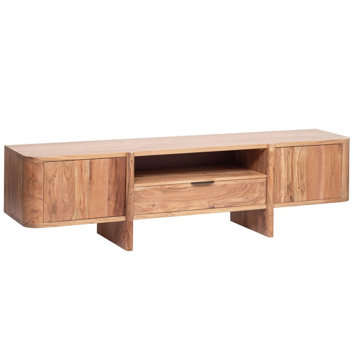 Minimalist mid-century modern solid wood TV sideboard with two cabinets and a center drawer.