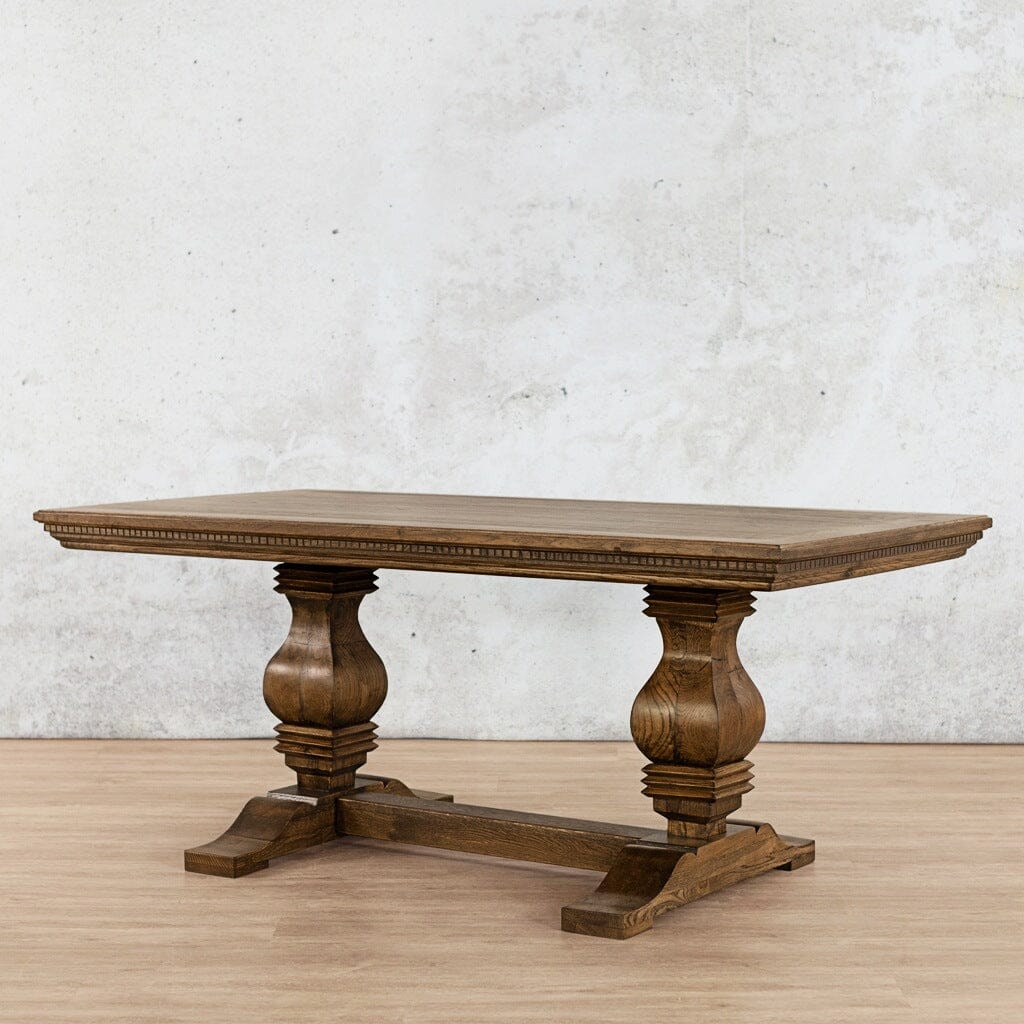 Corner close-up of the Belmont 10 seater wooden dining table showing its detailed fluted design and rich oak grain-antique-dark-oak