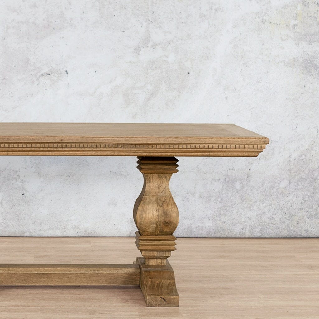 Close-up view of the Belmont Fluted Wood Top Dining Table – 1.9m, in Antique Natural Oak, highlighting the detailed fluted patterned edge and elegant wood top finish. | Leather Gallery-antique-natural-oak