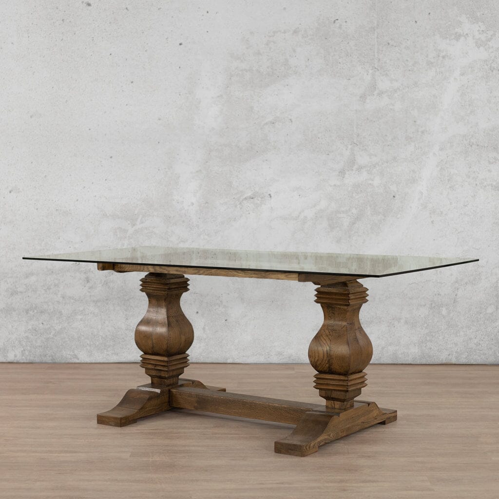 Belmont 6-seater Glass Top Dining Table – Angled View – Antique Dark Oak – Stylish Dining Table with Classic Two Pillar Base Design | Leather Gallery-antique-dark-oak