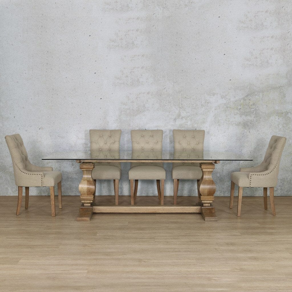 Belmont Duchess glass dining room table and chairs with elegant design. 