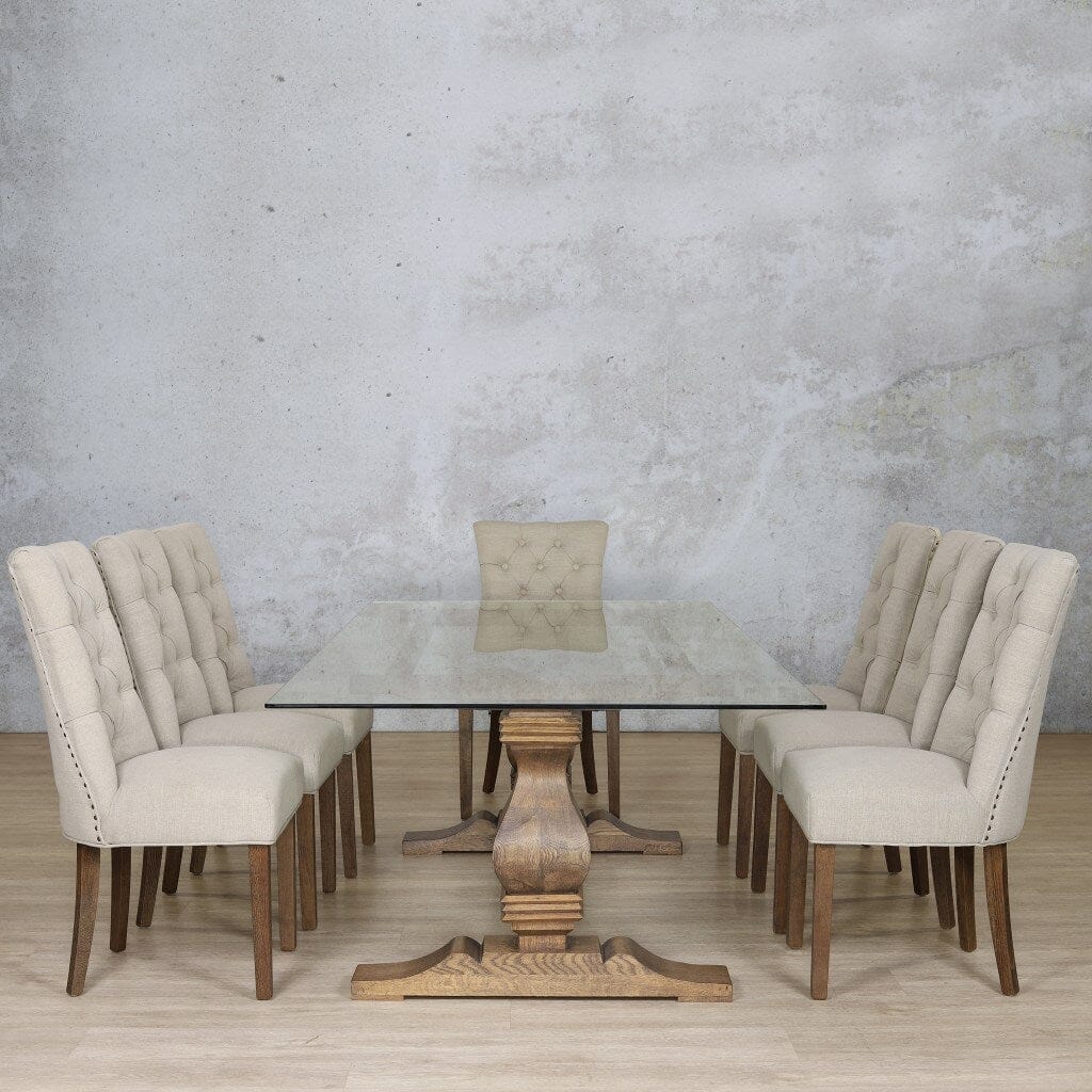 Luxury glass dining room table and chairs from the Belmont Duchess collection.
