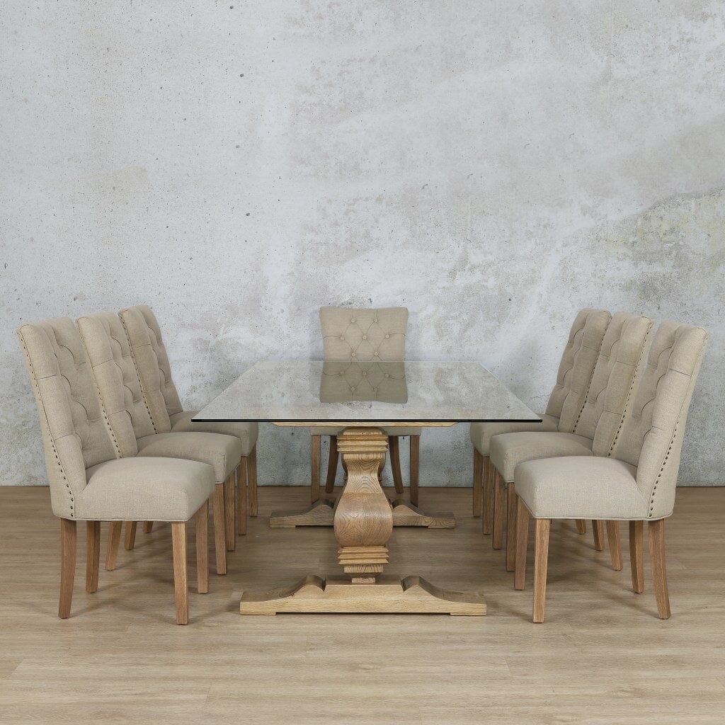 Modern Belmont glass dining room table and chairs with Duchess-style chairs. 