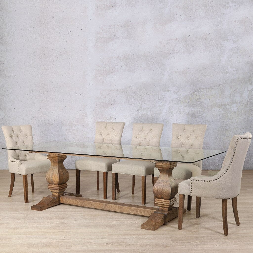 9-piece Belmont glass dining room table and chairs ideal for spacious dining rooms.