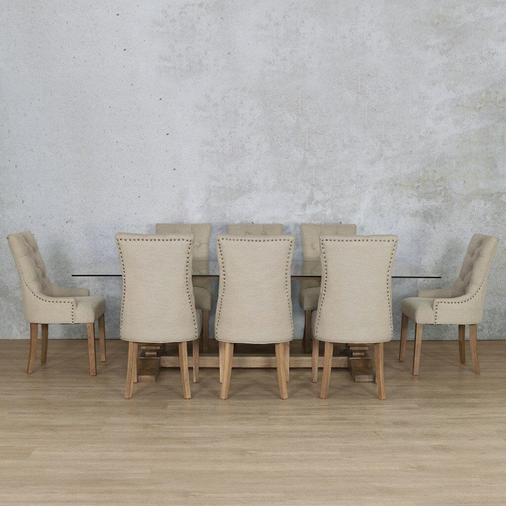 Belmont glass dining room table and chairs set featuring 8 Duchess chairs.