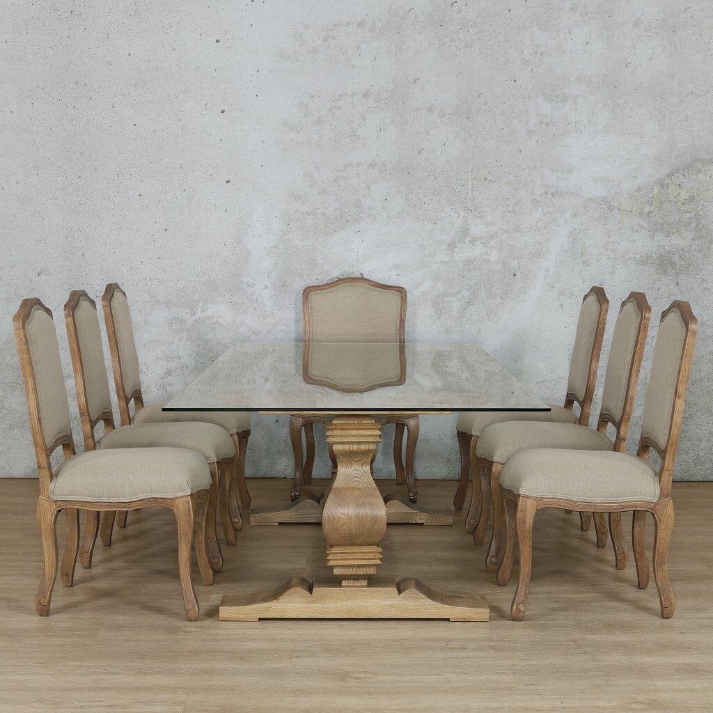 Luxury 8 seat dining table set featuring Belmont glass top design. Antique Natural Oak 
