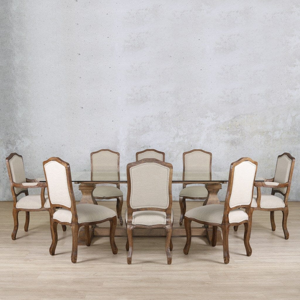 Belmont 8 seat dining table set with glass top and solid wood base. 
