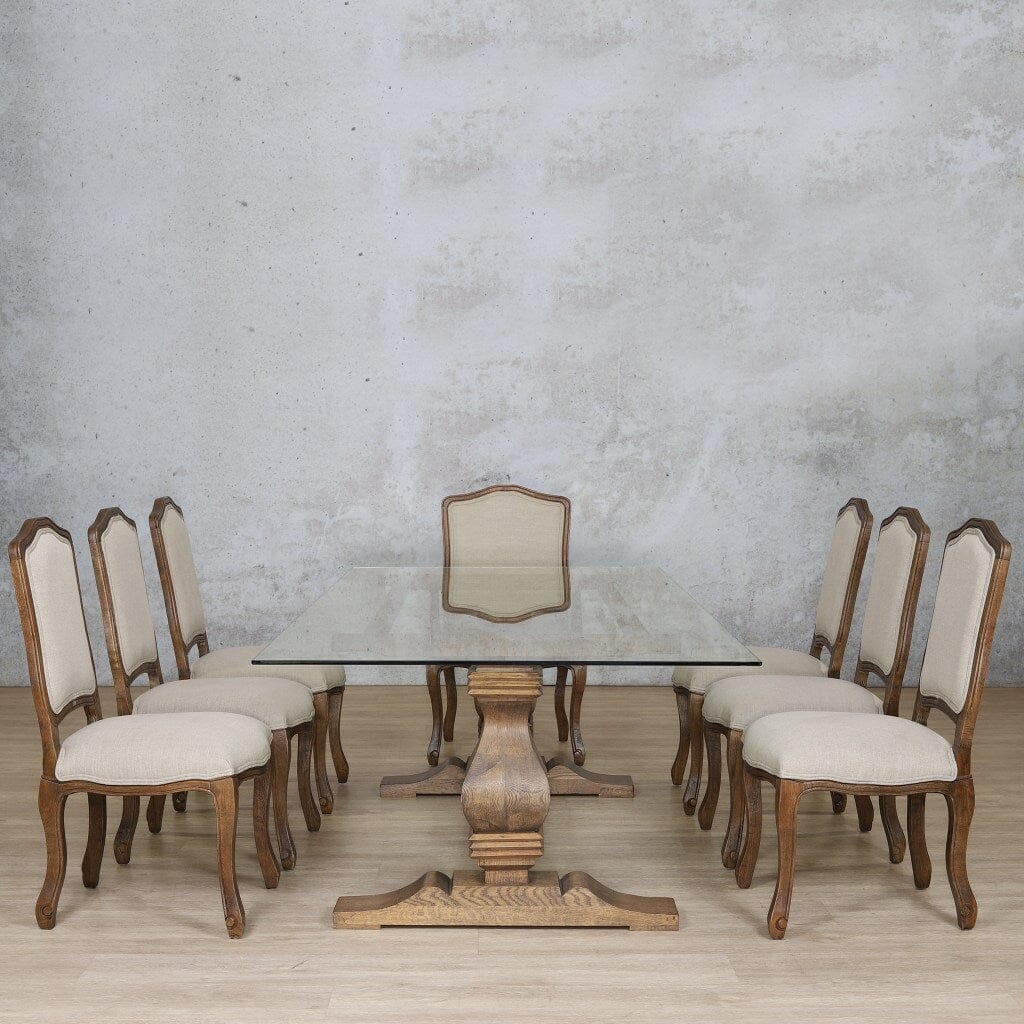 Close-up of the Belmont 8 seat dining table set’s glass top and wood frame.  Antique Dark Oak 