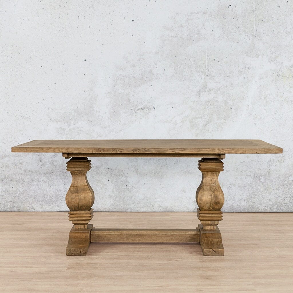 Front view of the Belmont Wood Top Dining Table – 6 Seater in Antique Natural Oak, offering a closer look at the beautiful wood top and sleek base. Leather Gallery 