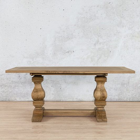 Front view of the Belmont Wood Top Dining Table – 2.4m / 8-10 Seater in Antique Natural Oak, highlighting the solid wood top and sturdy base. | Leather Gallery