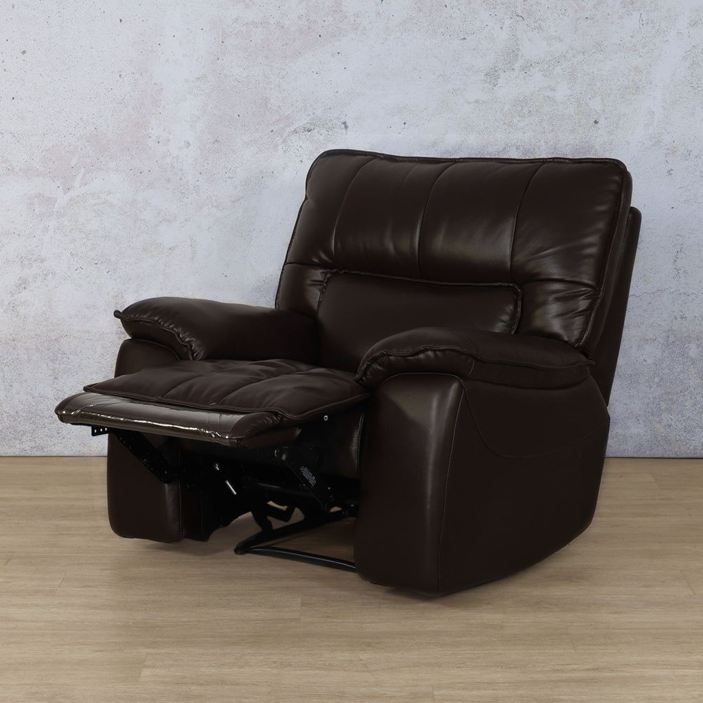 Bentley 1 seater leather recliner in a reclined position - choc| leather recliner, leather recliner armchair, recliner chair, recliners