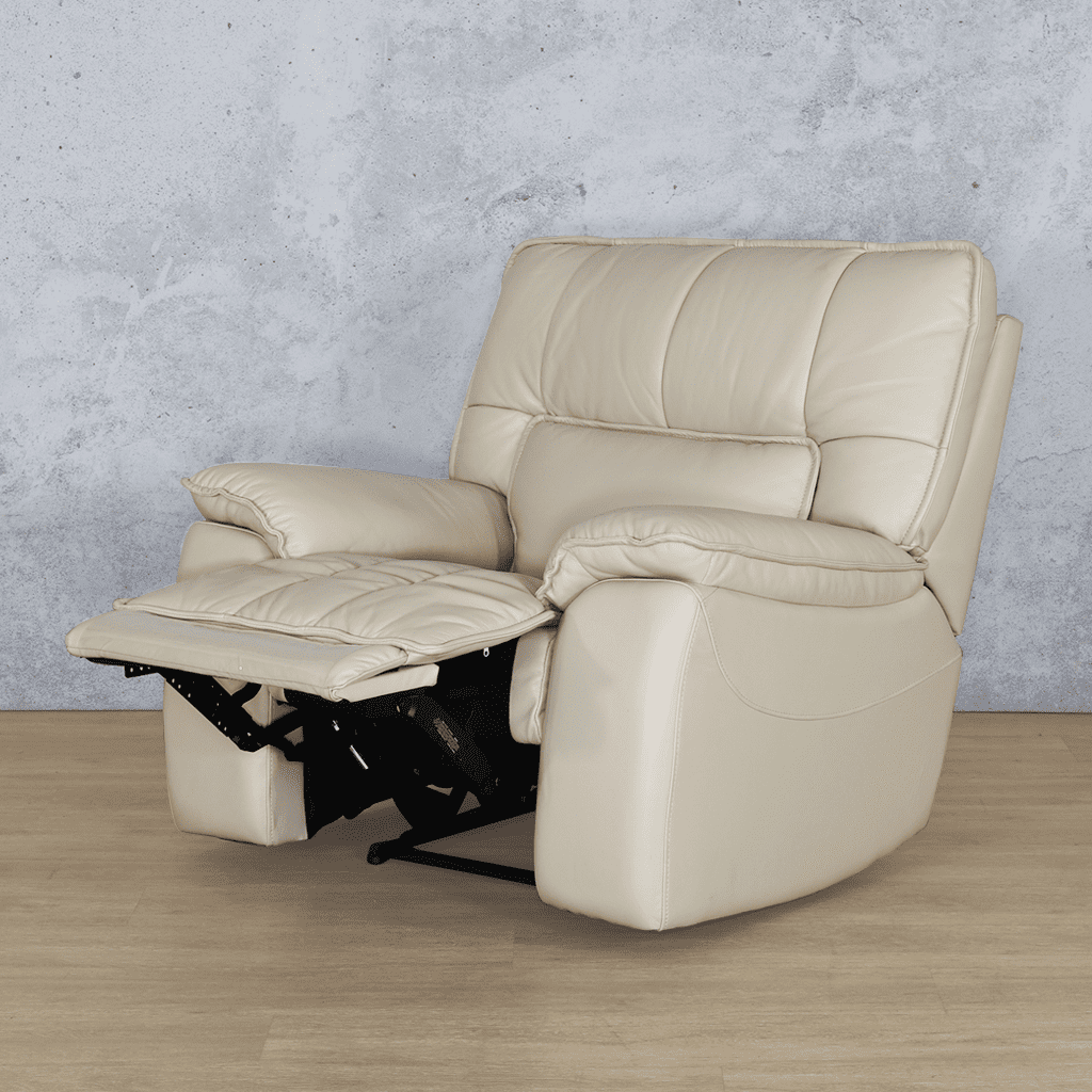 Bentley 1 seater leather recliner chair beige with recliner open - Leather Recliner, single recliner, recliner couches, Beige-G