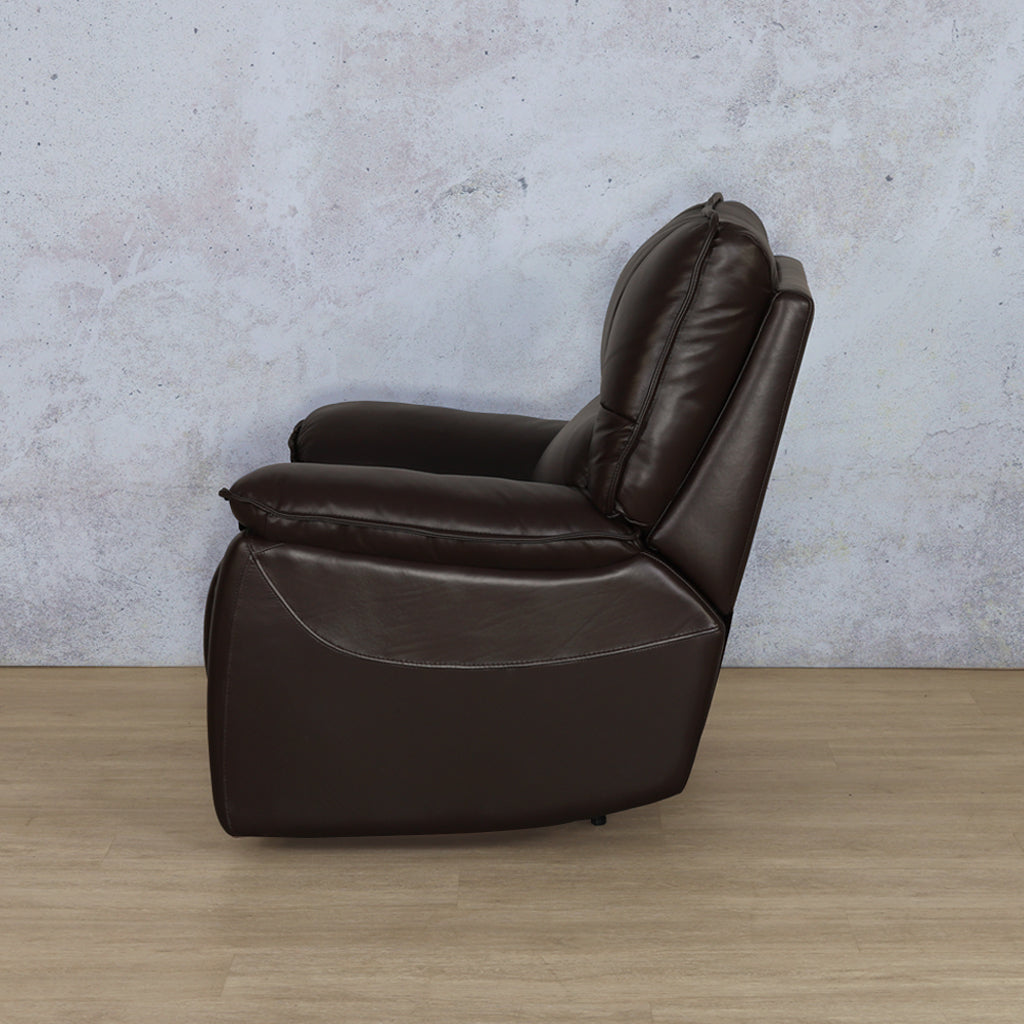 Side view of the Bentley 1-seater Leather Recliner in Choc