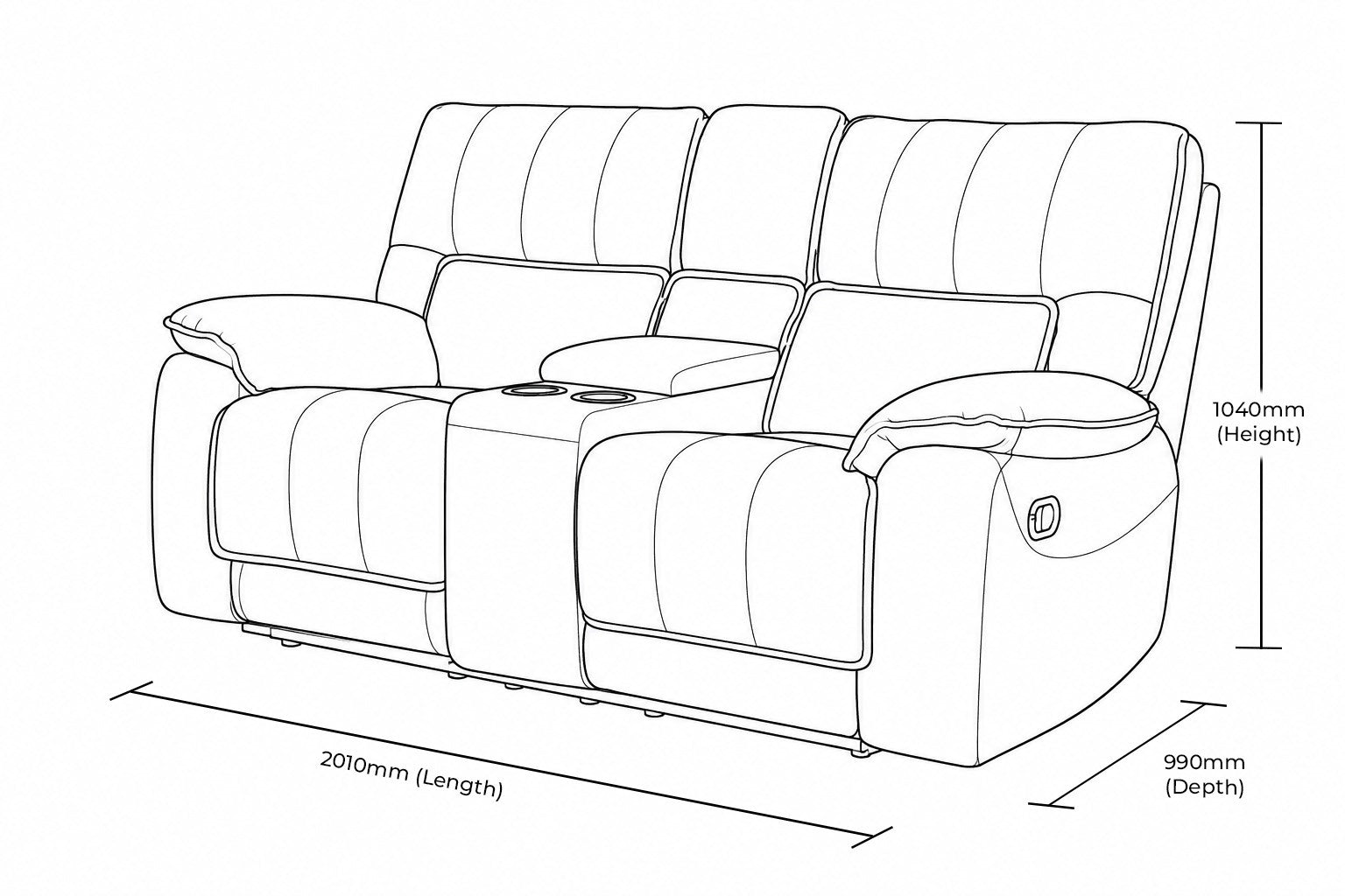 Measurement chart for Bentley 2 Seater Home Theatre Leather Recliner