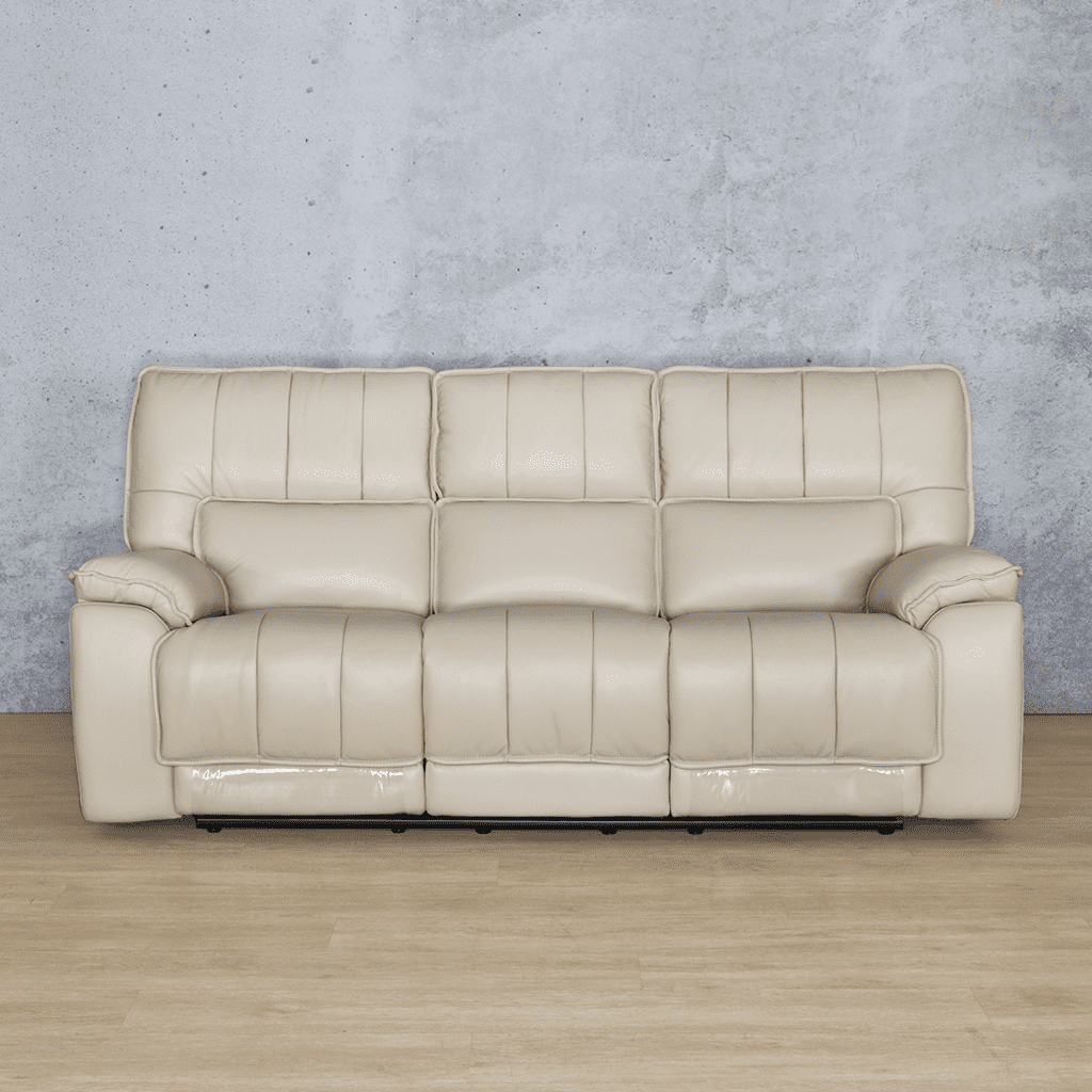Front view of the Bentley leather three seater recliner couch in beige. |Leather Recliner, recliner sofa, recliner couches for sale, Beige-G