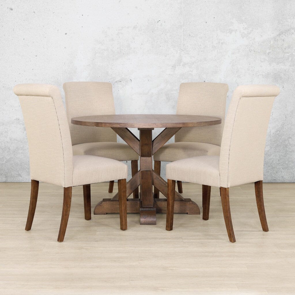 Classic 4 seater dining room set in Antique Natural Oak with tufted Duchess dining chairs.