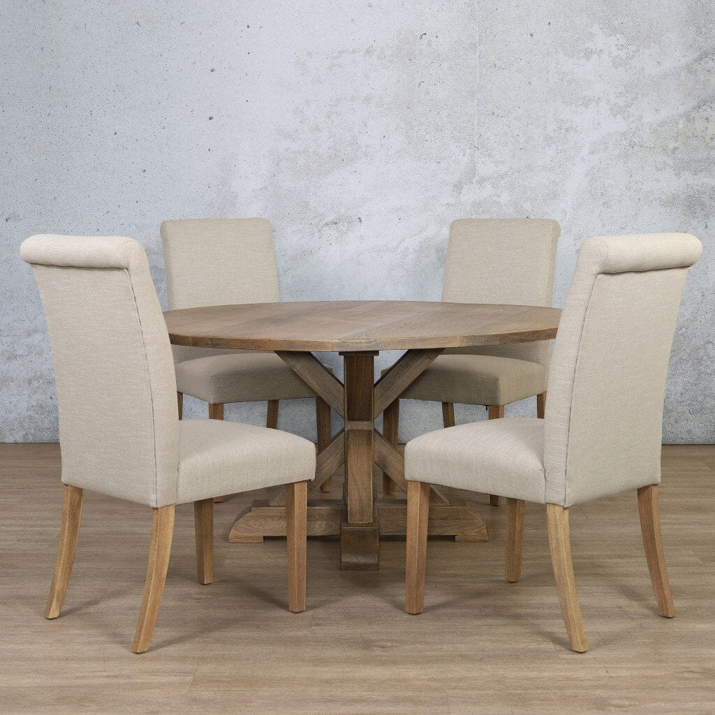 Compact 4 seater dining room set ideal for small dining spaces with elegant curved armrest chairs.
