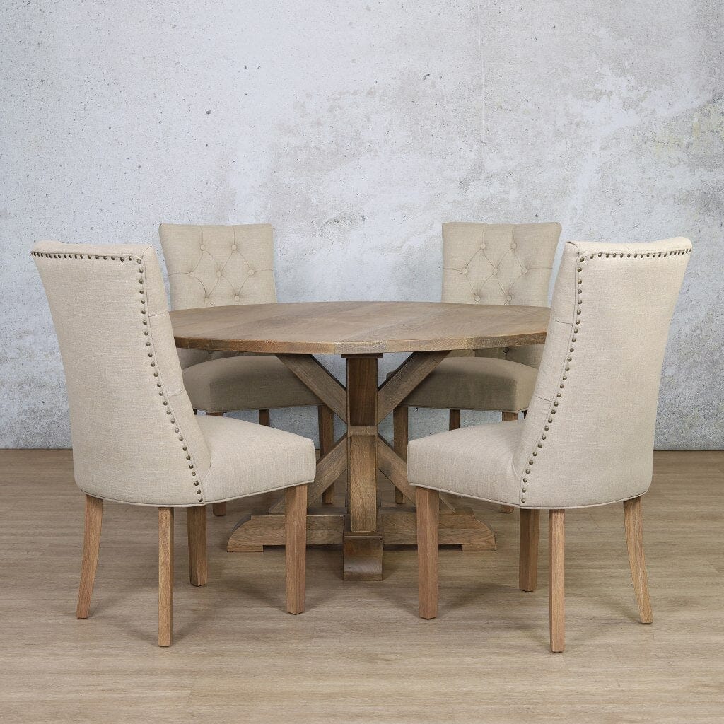 Berkeley small 4 seater dining table set with tufted Duchess chairs and stud detailing. antique natural oak