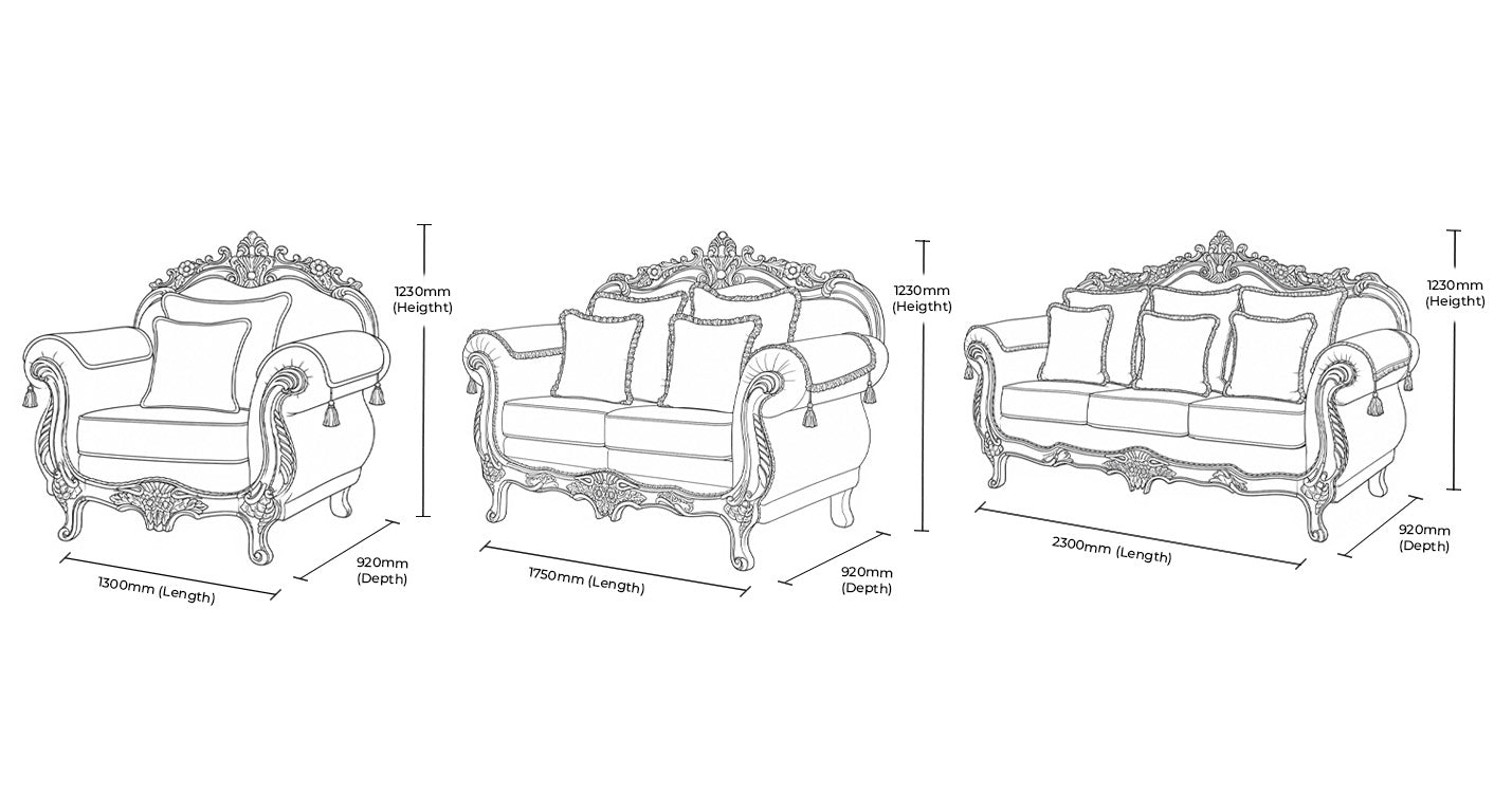 Measurement chart for Berlin 3+2+1 Fabric Lounge Suite