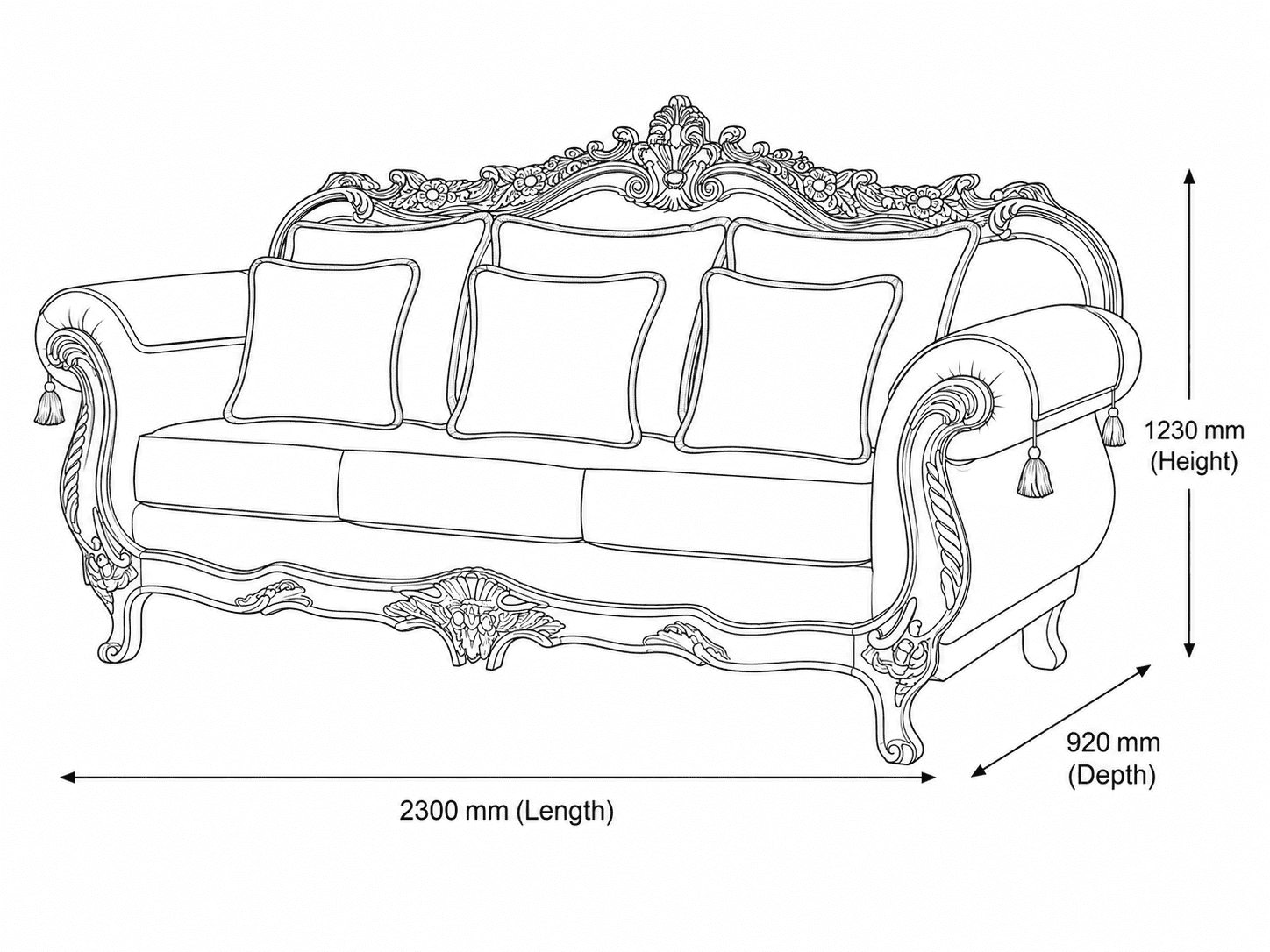 Measurement chart for Berlin 3 Seater Fabric Couch