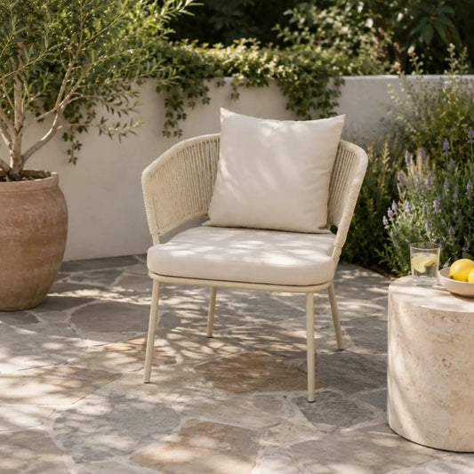 Brooke fabric outdoor chair shown in a spacious garden area. | outdoor chairs, outdoor furniture, outdoor dining chair, garden chairs 