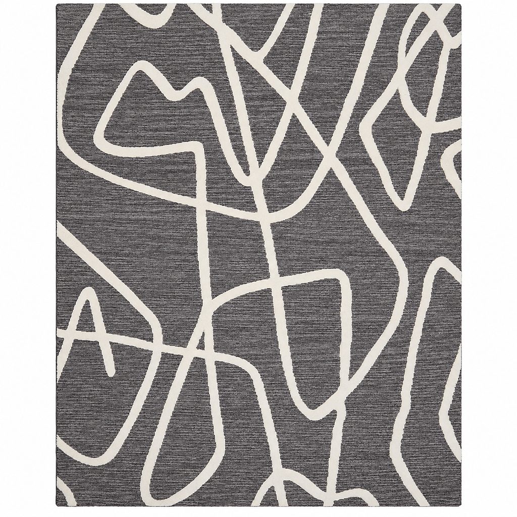 Leather Gallery Cadenza Rug in Carbon Grey, featuring bold organic white lines on a textured dark grey background.