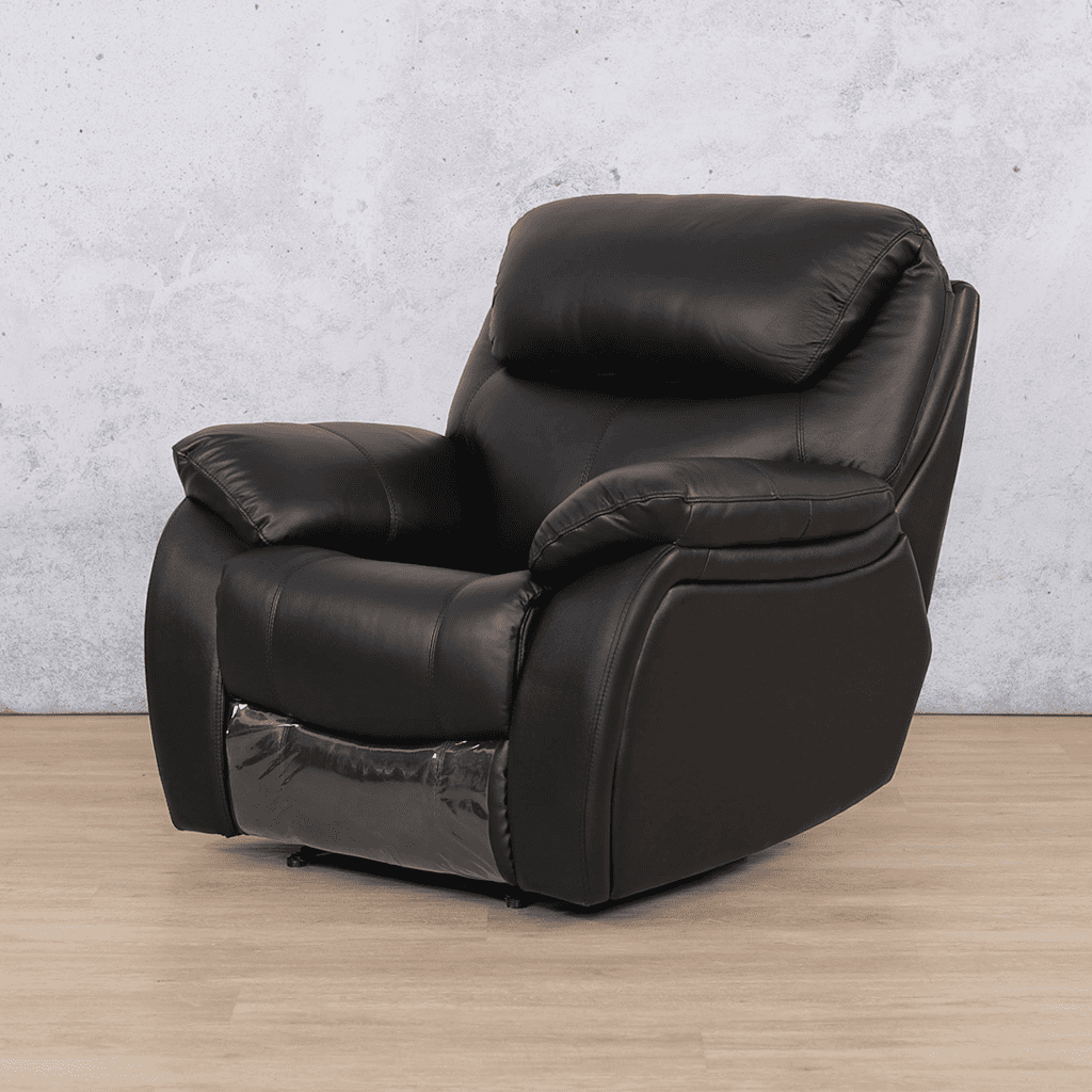 Upgrade your home theatre with the Cairo 1 seater black leather recliner chair, offering plush cushioning and a reclining backrest for movie-night comfort.