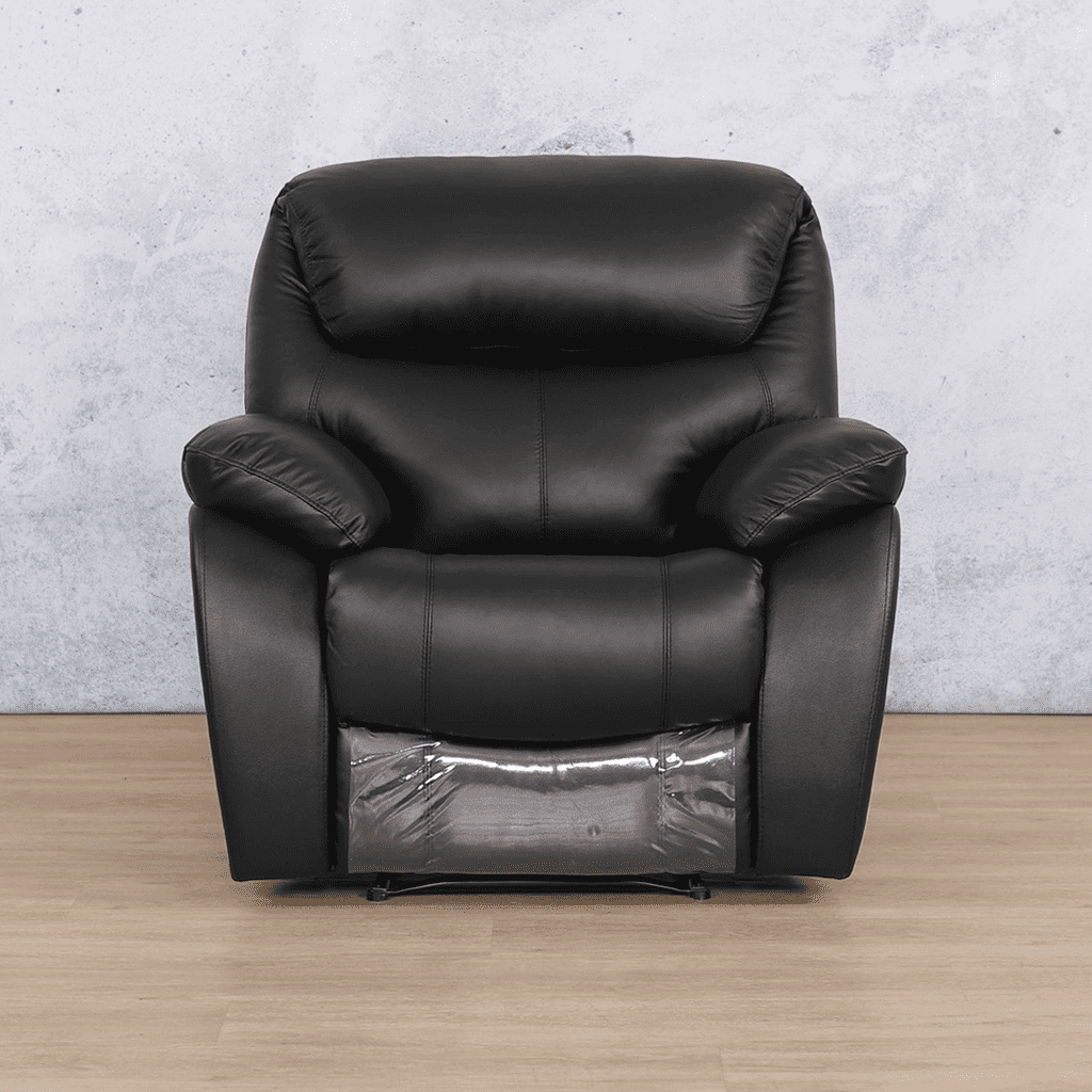 The Cairo 1 seater black leather recliner chair offers timeless comfort with its plush leather upholstery and smooth manual reclining mechanism for ultimate relaxation.