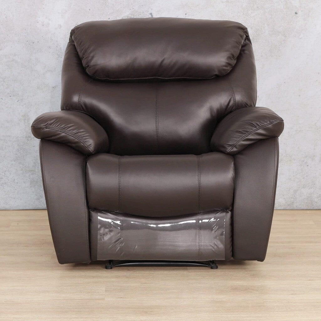 The Cairo choc single recliner chair features a versatile design with soft leather upholstery and an adjustable reclining function, perfect for any living room or bedroom.