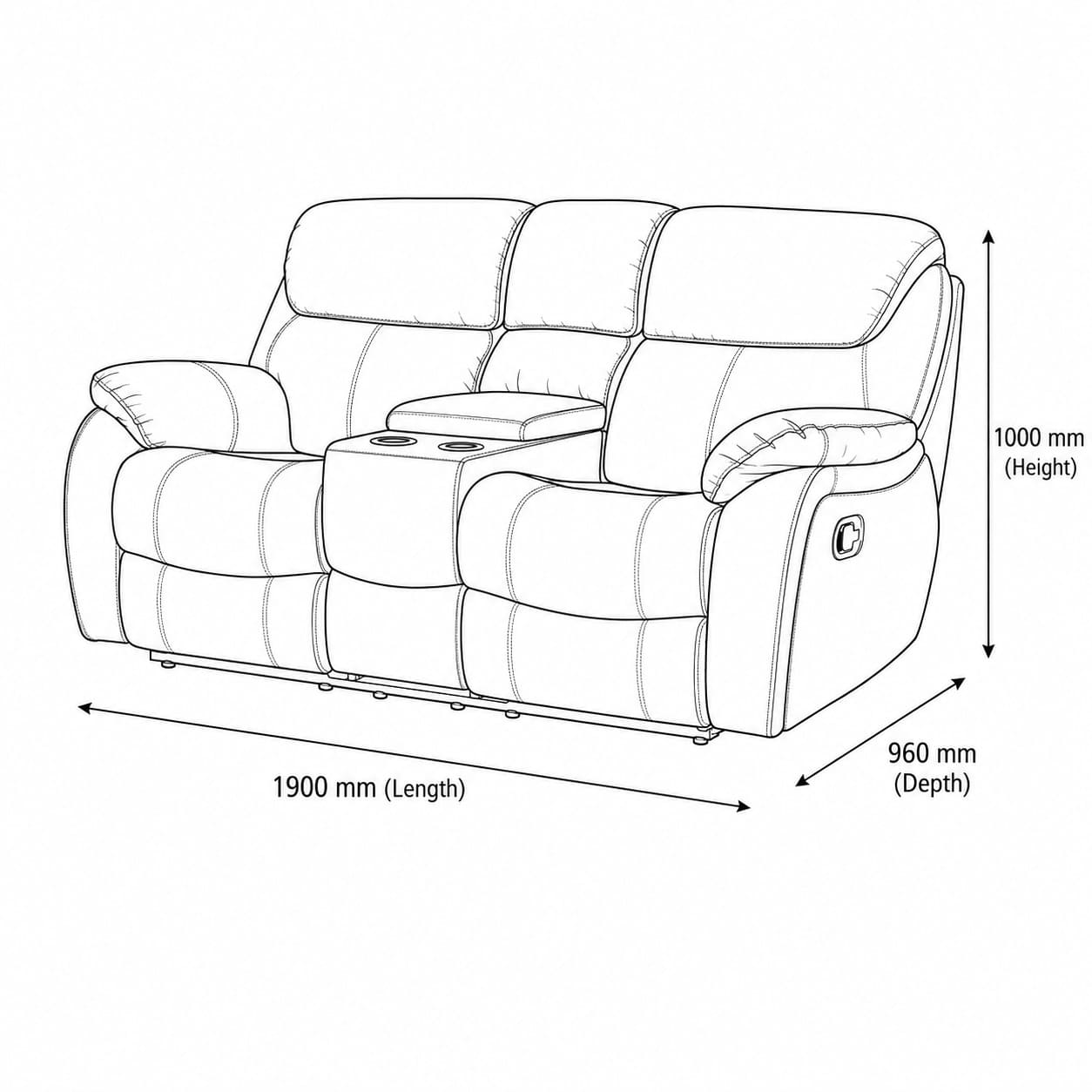 Measurement chart for Cairo 2 Seater Leather Recliner Home Theatre