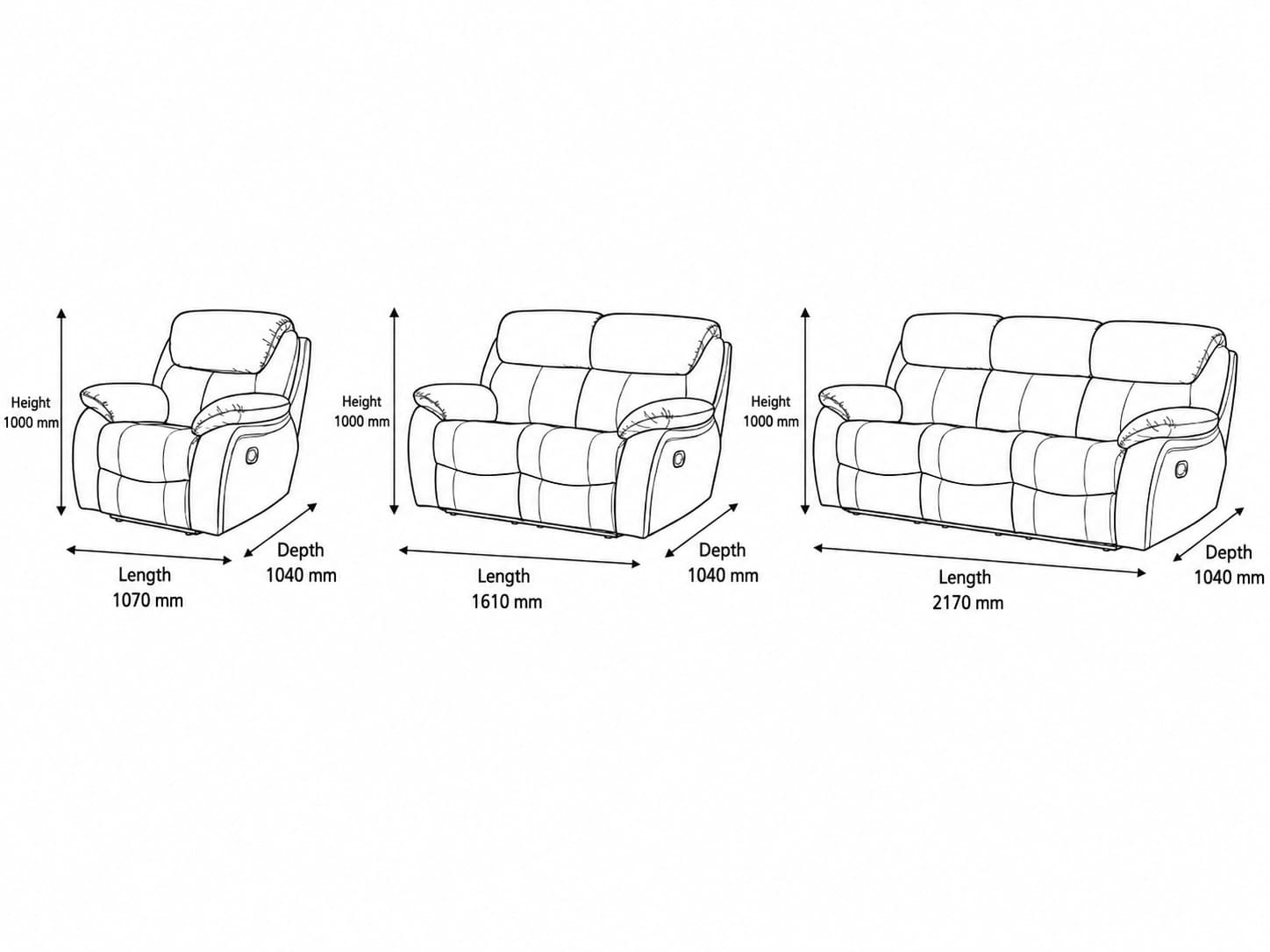 Measurement chart for Cairo 3+2+1 Leather Recliner Suite