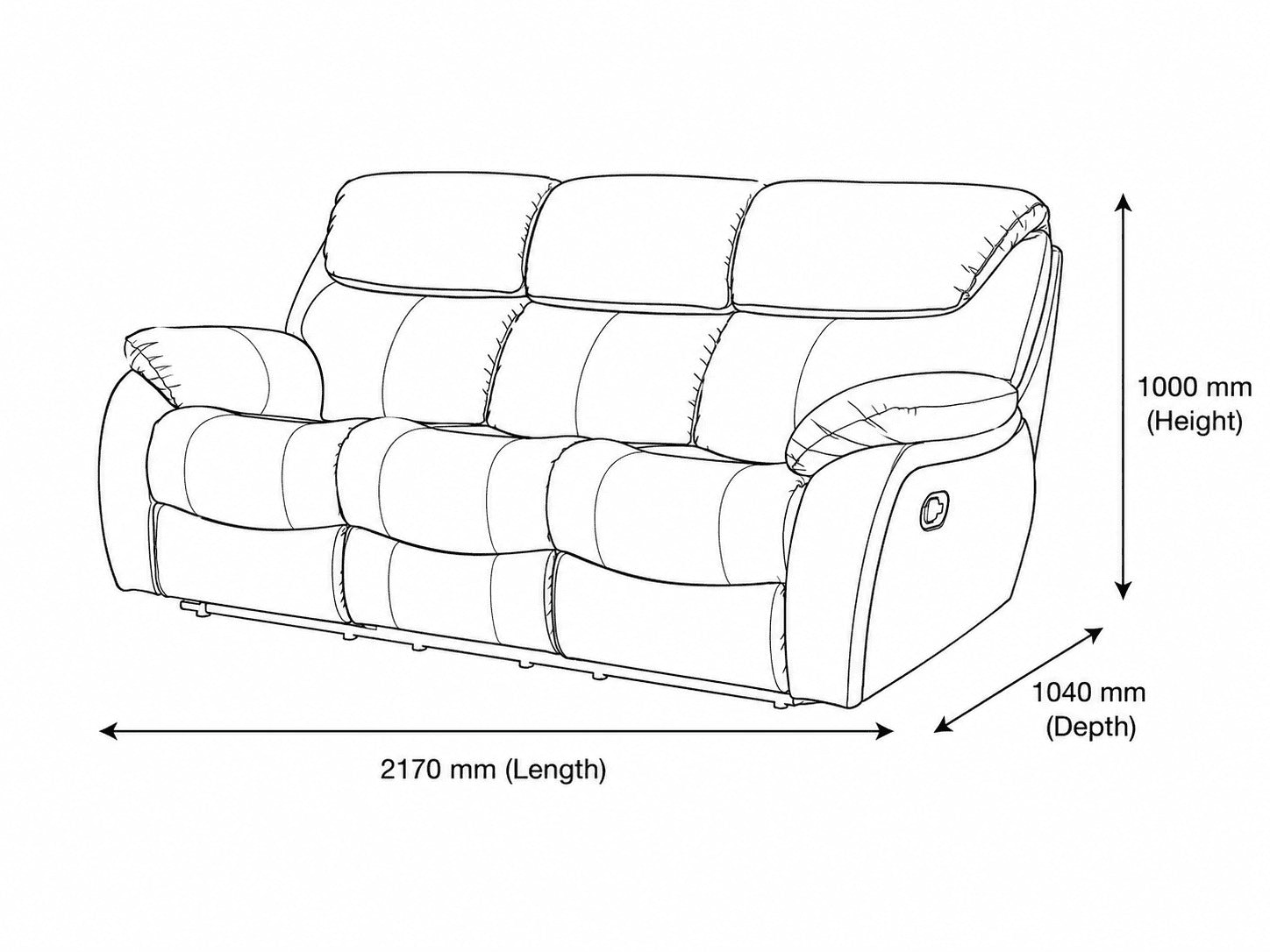 Measurement chart for Cairo 3 Seater Leather Recliner