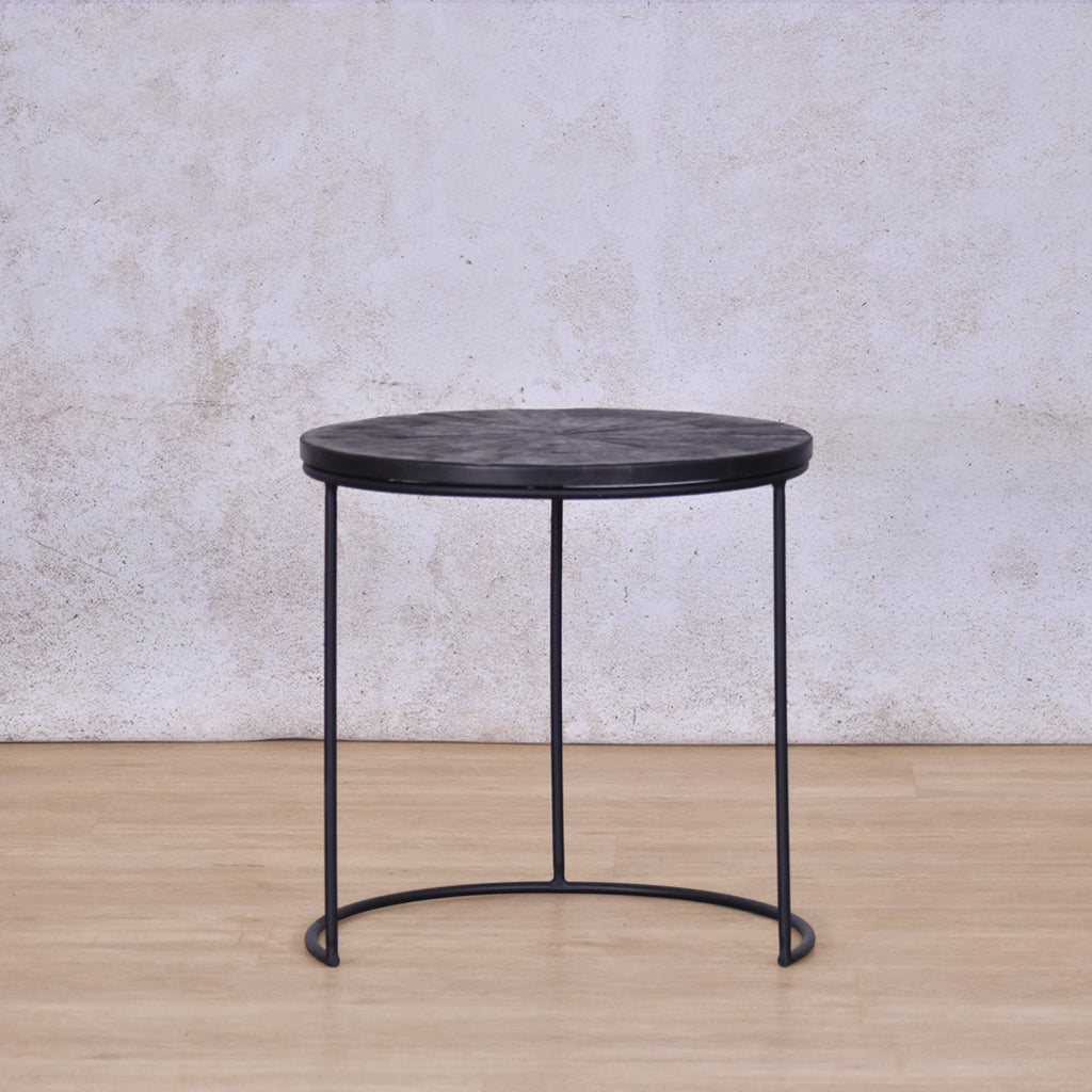 Front view of one of two Callie Nesting Coffee Table - Set Of 2 - Black Parquet Wood Coffee Table | Coffee Table Sets | Coffee Table Collection at Leather Gallery | Coffee Tables for sale | Modern Coffee Table | Coffee Tables | coffee tables south africa | round coffee table | small round coffee table | nesting tables | small coffee table | Leather gallery furniture stores | black coffee table