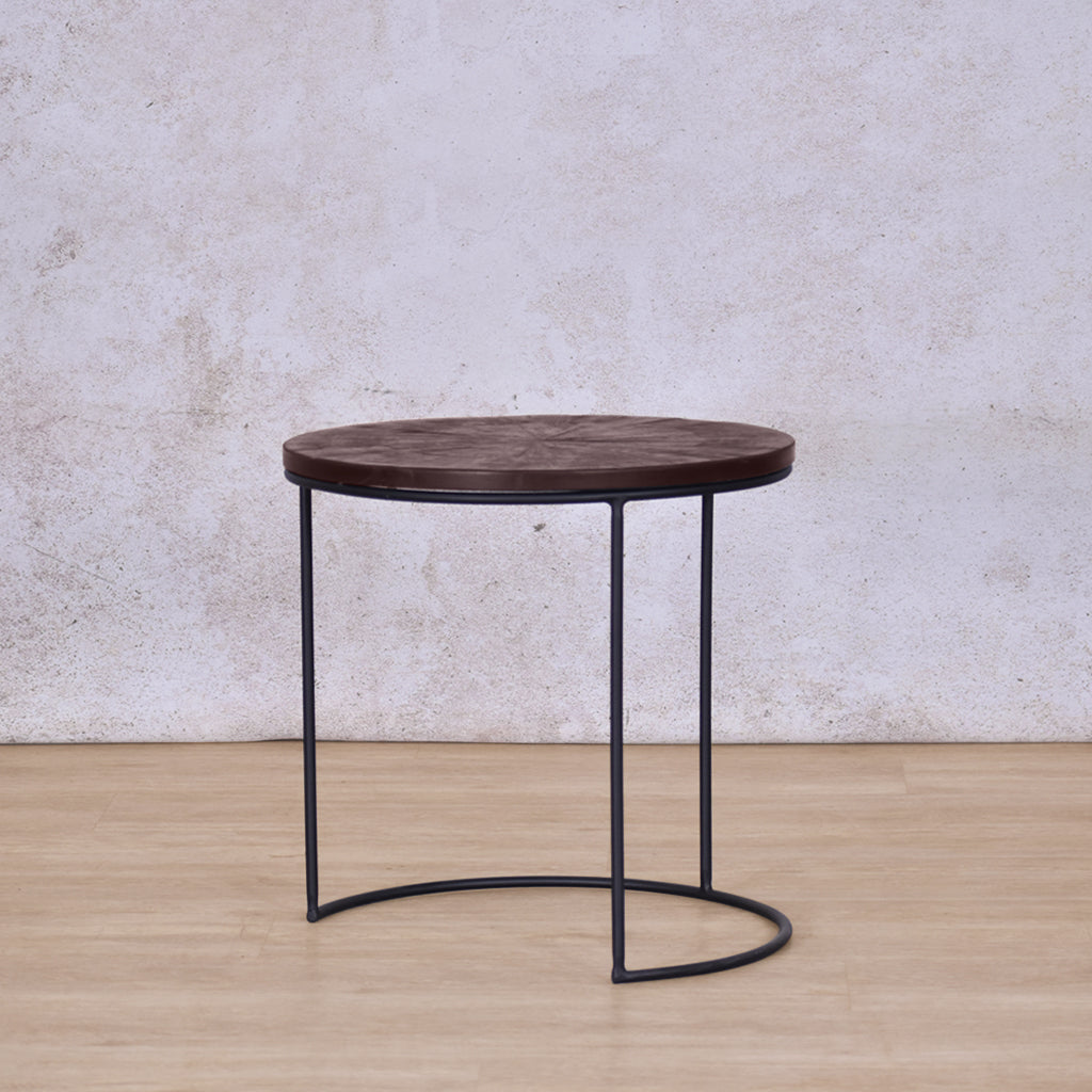 Table two of two in the Callie Nesting Coffee Table set - Coffee Parquet Wood Colour | Coffee Table Sets | Coffee Table Collection at Leather Gallery | Coffee Tables for sale | Modern Coffee Table | Coffee Tables | coffee tables south africa | round coffee table | small round coffee table | nesting tables | small coffee table | Leather gallery furniture stores | black coffee table