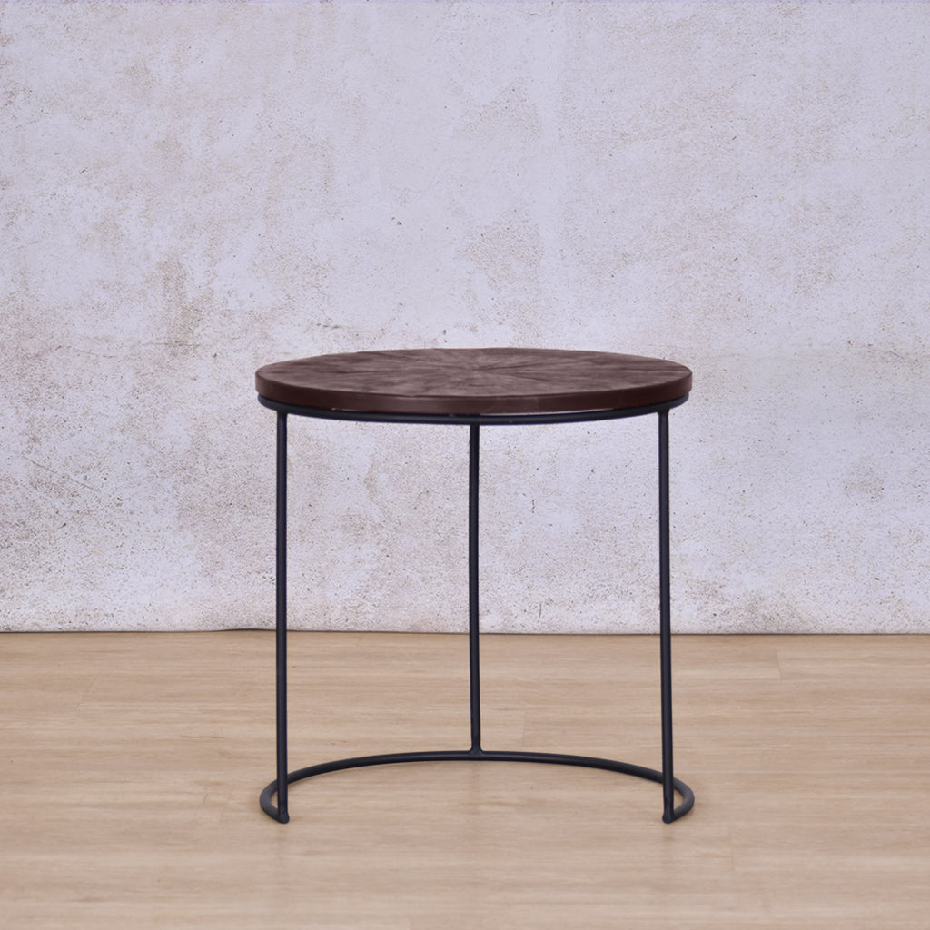 Front view of the nesting table - Callie Nesting Coffee Table set - Coffee Parquet Wood Colour | Coffee Table Sets | Coffee Table Collection at Leather Gallery | Coffee Tables for sale | Modern Coffee Table | Coffee Tables | coffee tables south africa | round coffee table | small round coffee table | nesting tables | small coffee table | Leather gallery furniture stores | black coffee table