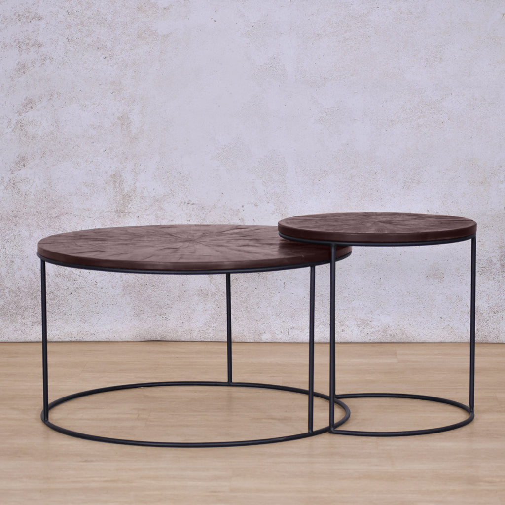 Side view of the two tables intersecting - Callie Nesting Coffee Table set - Coffee Parquet Wood Colour | Coffee Table Sets | Coffee Table Collection at Leather Gallery | Coffee Tables for sale | Modern Coffee Table | Coffee Tables | coffee tables south africa | round coffee table | small round coffee table | nesting tables | small coffee table | Leather gallery furniture stores | black coffee table
