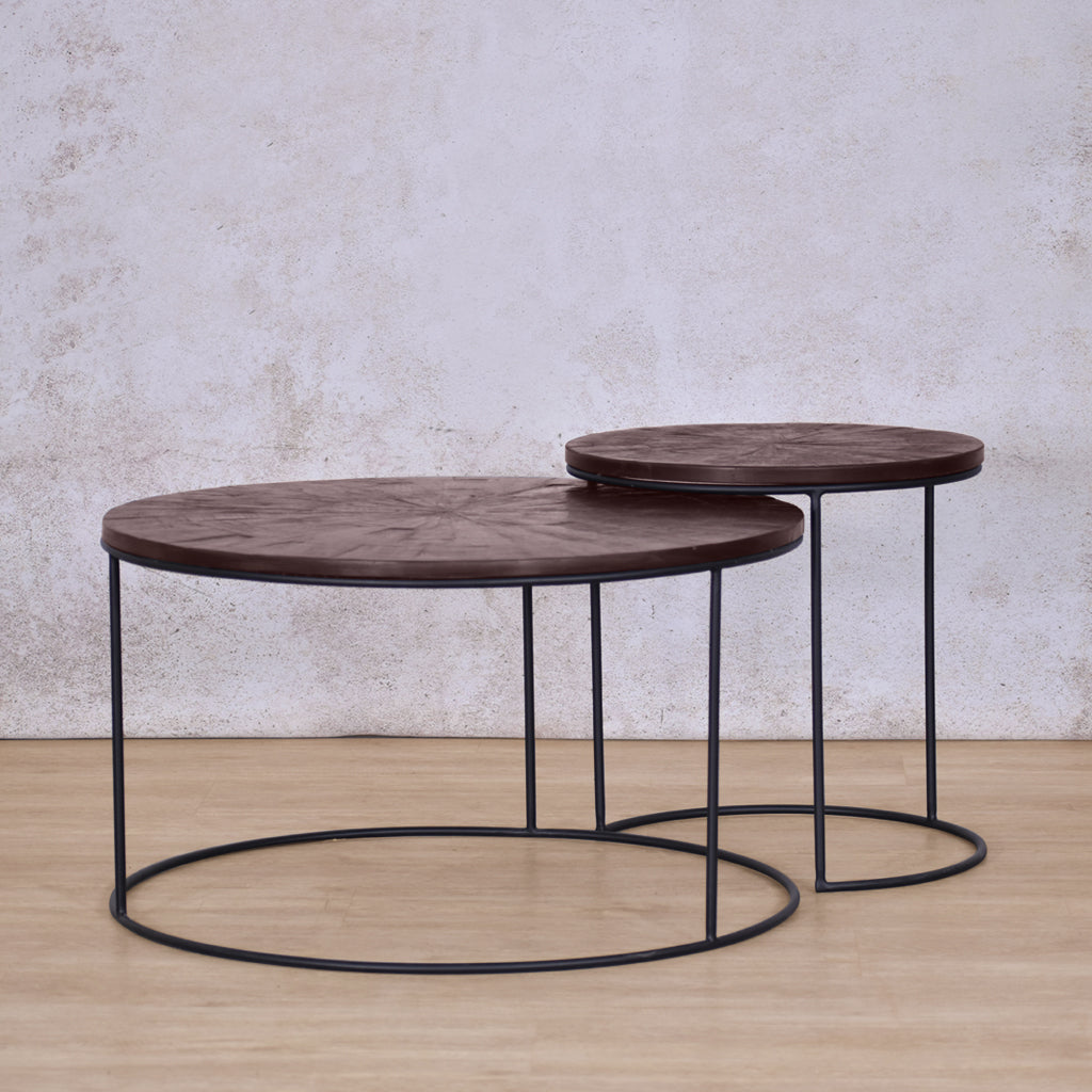 Callie Nesting Coffee Table - Set Of 2 - Coffee Parquet Wood Colour | Coffee Table Sets | Coffee Table Collection at Leather Gallery | Coffee Tables for sale | Modern Coffee Table | Coffee Tables | coffee tables south africa | round coffee table | small round coffee table | nesting tables | small coffee table | Leather gallery furniture stores 