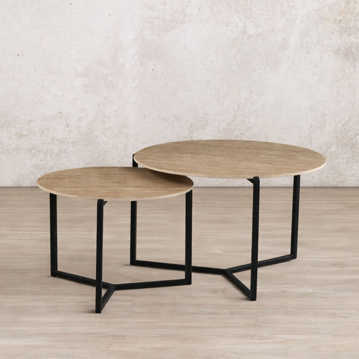 Gallery Everyday Callum Nesting Coffee Tables Set of 2, featuring light wood tops and slim black metal frames.