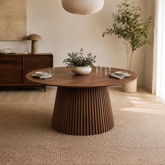 Camden round dining table in walnut, with tambour slat pedestal base styled in a warm, inviting living space. | dining table, round dining table, 4 seater dining table, wood dining table